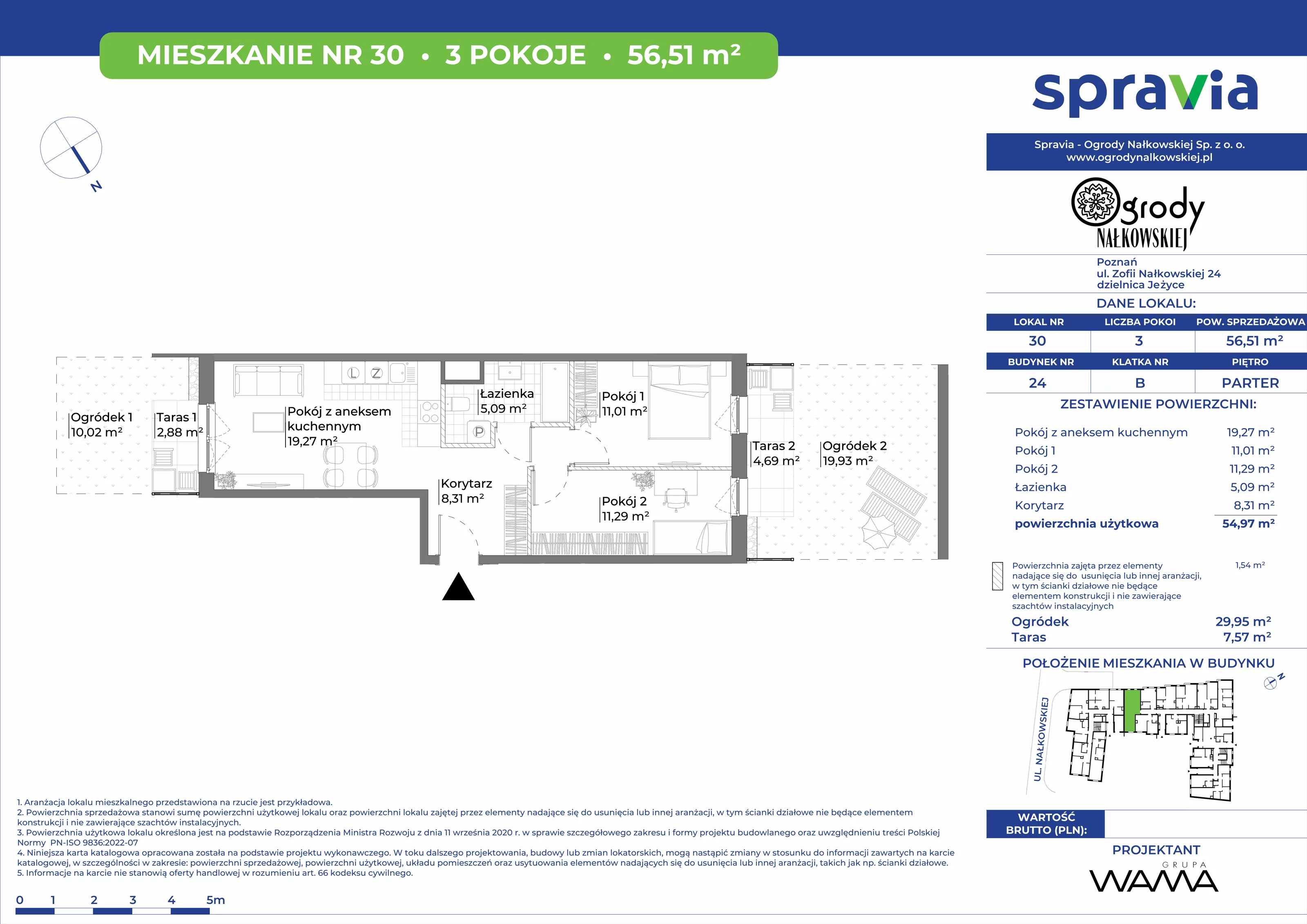 3 pokoje, mieszkanie 56,51 m², parter, oferta nr 24-30, Ogrody Nałkowskiej, Poznań, Ogrody, ul. Nałkowskiej 24, 26